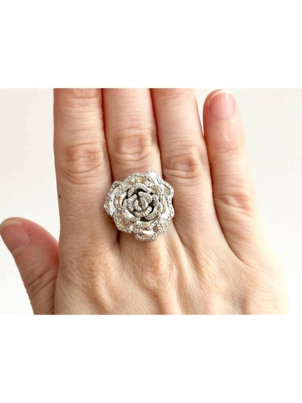 Blooming Rose Floral Textured Jumbo Sterling Silver 925 Vintage Ring - sz 7